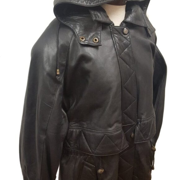 Women’s Soft Touch Black Leather ¾ Parka Jacket with Hoodie - Picture 2 of 3